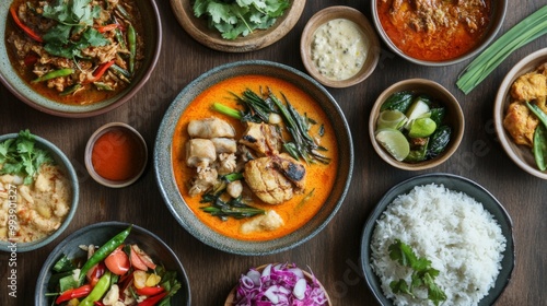 A vibrant plate of paired with a variety of colorful curries and stir-fries, showcasing the harmony of flavors in a traditional Thai meal.