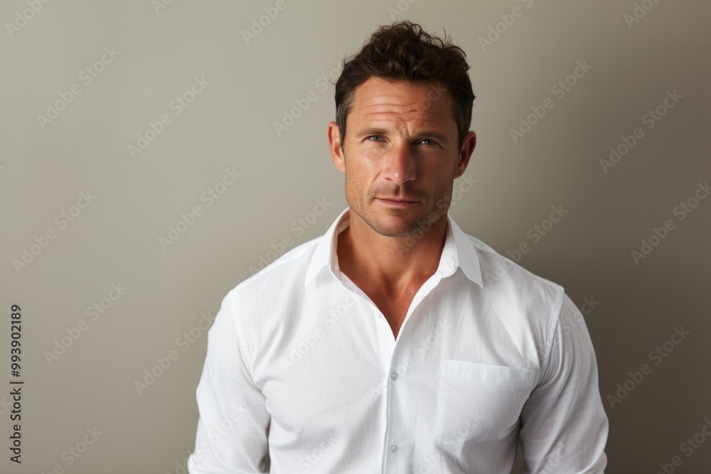 Portrait of a blissful man in his 40s wearing a classic white shirt over minimalist or empty room background