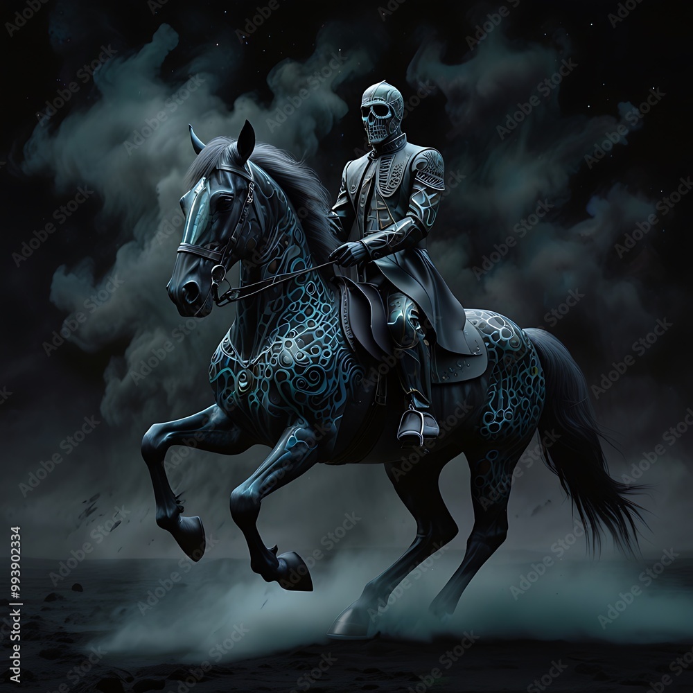 Fototapeta premium Detailed medium shot of the cosmic Grim Reaper riding an obsidian glass horse filled with swirling smoke