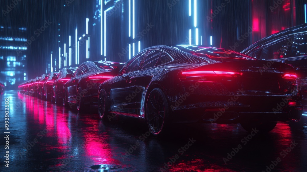 Black sedans in a row, forming a sleek car fleet. Generic modern cars with a brandless design, illuminated by neon lights. After rain, wet surface, night scene. Black sedans in a row, forming a sleek car fleet. Generic modern cars with a brandless design, illuminated by neon lights. After rain, wet surface, night scene.