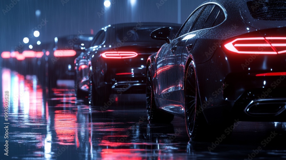 Black sedans in a row, forming a sleek car fleet. Generic modern cars with a brandless design, illuminated by neon lights. After rain, wet surface, night scene. Black sedans in a row, forming a sleek car fleet. Generic modern cars with a brandless design, illuminated by neon lights. After rain, wet surface, night scene.