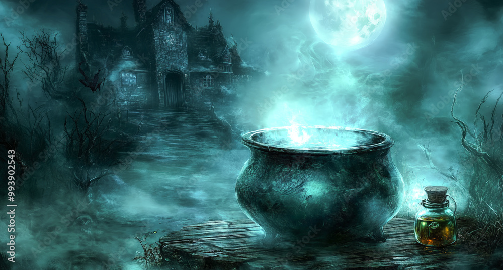 A cauldron filled with glowing potion sits on an ancient stone table, surrounded by misty woods and haunted castles, with a small vial of green magic floating nearby. A cauldron filled with glowing potion sits on an ancient stone table, surrounded by misty woods and haunted castles, with a small vial of green magic floating nearby.