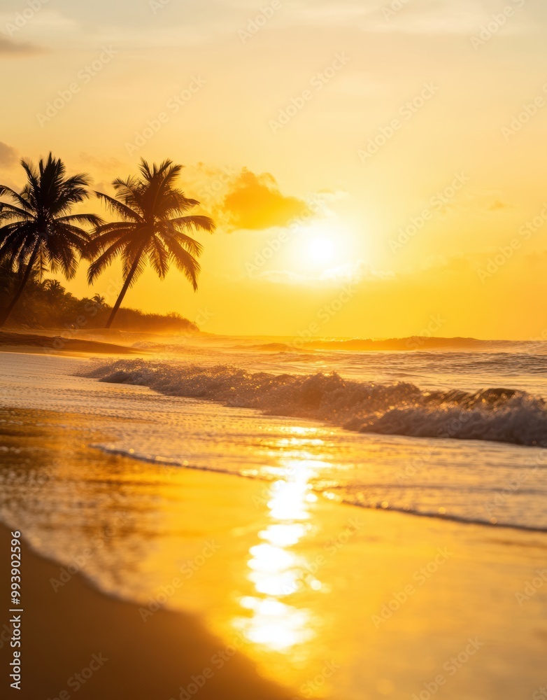 Golden Sunset Beach with Palm Trees and Ocean Waves Golden Sunset Beach with Palm Trees and Ocean Waves