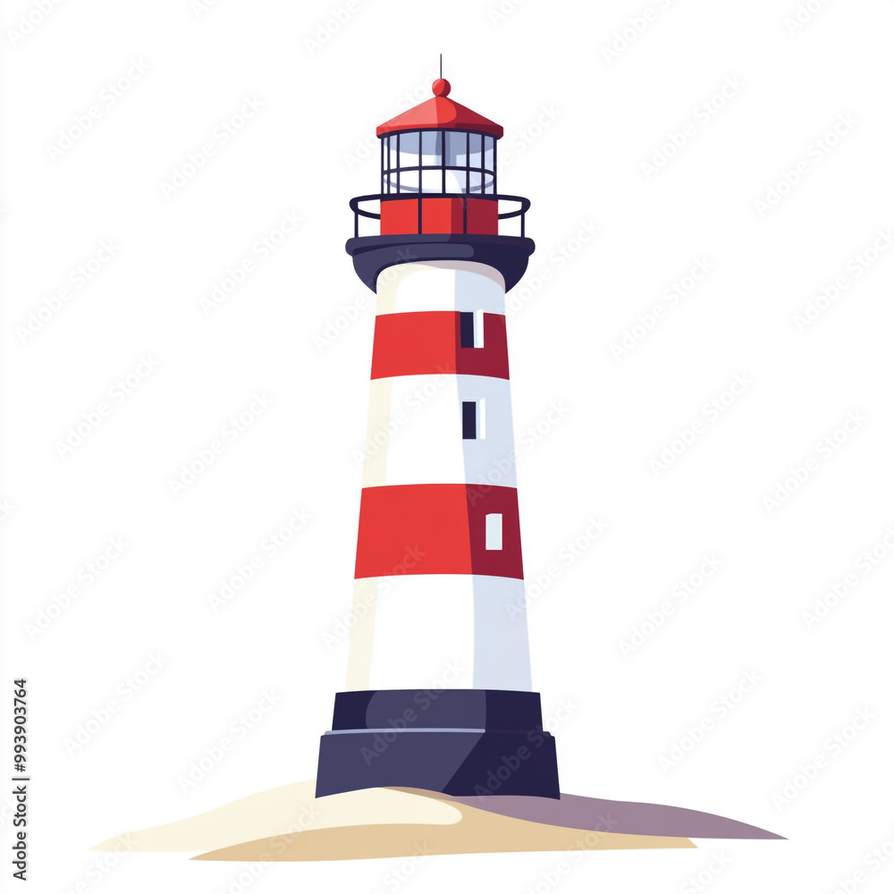 Flat design illustration of a lighthouse, with a white background, in a simple and minimalistic style. Flat design illustration of a lighthouse, with a white background, in a simple and minimalistic style.