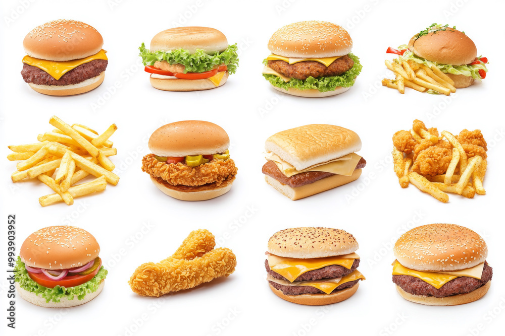 All Fast Food collection set, isolated on white background. Fried chicken, fries, hamburger, turkey, hotdog, sandwich, chicken nuggets, shawarma. Junk food of Fast Food set. Closeup of fast foods. All Fast Food collection set, isolated on white background. Fried chicken, fries, hamburger, turkey, hotdog, sandwich, chicken nuggets, shawarma. Junk food of Fast Food set. Closeup of fast foods.