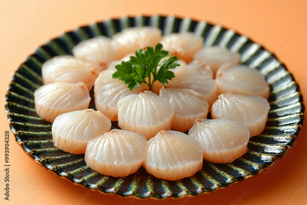 Scallops Arranged on a Shell-Shaped Plate with Parsley Garnish Scallops Arranged on a Shell-Shaped Plate with Parsley Garnish