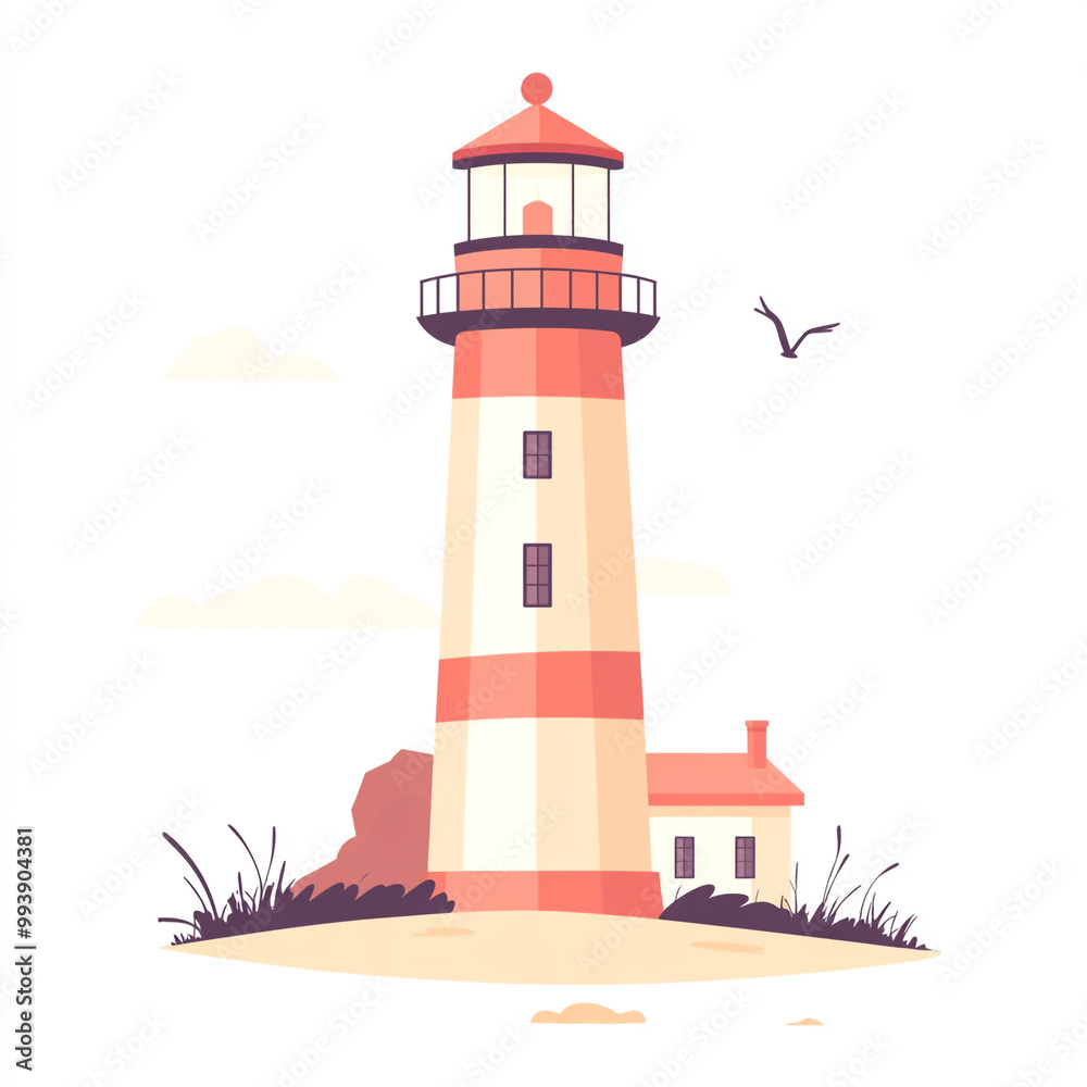 Flat design illustration of a lighthouse, with a white background, in a simple and minimalistic style. Flat design illustration of a lighthouse, with a white background, in a simple and minimalistic style.