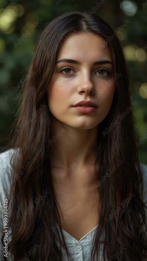 Portrait of a young woman with long dark hair outdoors. Portrait of a young woman with long dark hair outdoors.