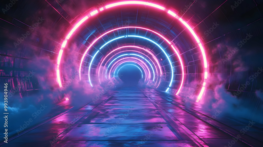 Abstract 3D Tunnel with Neon Lights and Smoke