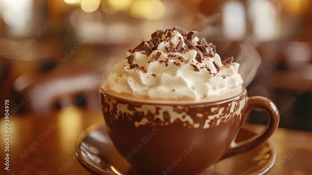 An elegant hot chocolate served in a ceramic cup, topped with whipped cream and chocolate shavings, steam rising in a cozy An elegant hot chocolate served in a ceramic cup, topped with whipped cream and chocolate shavings, steam rising in a cozy