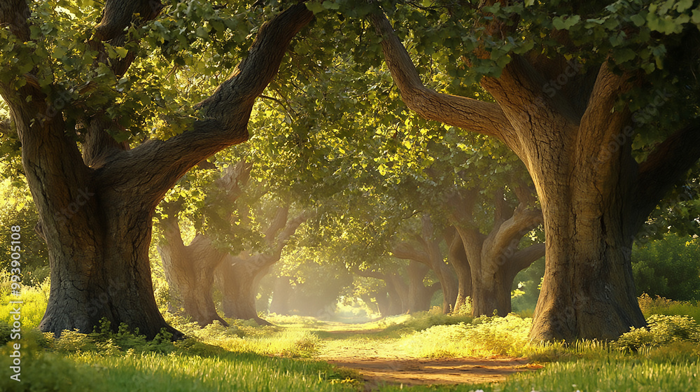 Fototapeta premium Enchanting Pathway Through Dense Woodlands Path in a tropical forest with bright sun rays. 