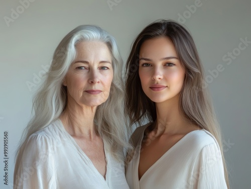 Portrait of two beautiful women, one older and one younger, standing in a relaxed pose, their expressions soft and serene