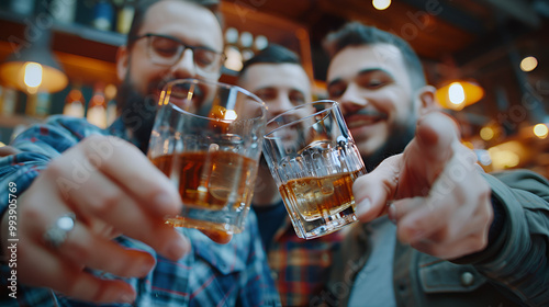 Whiskey. Group of friends guys with glasses of wine