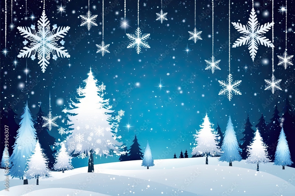 Naklejka premium Magical Winter Wonderland featuring Snowflakes Frosty Trees and Sparkling Stars in Soft White and Icy Blue