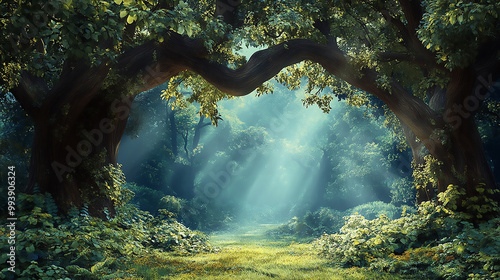  A Majestic Digital Painting of a Lush, Fairytale-like Woodland with Towering Trees and Abundant Vegetation