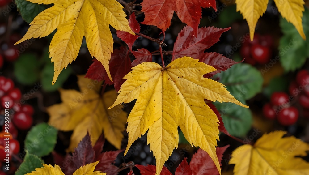 Red and yellow autumn leaves with berries. Red and yellow autumn leaves with berries.