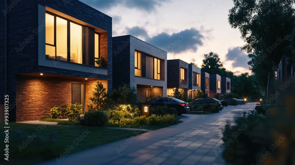 Fototapeta premium Modern minimalist modular private townhouses with brick cladding Residential architecture exterior illuminated in the evening