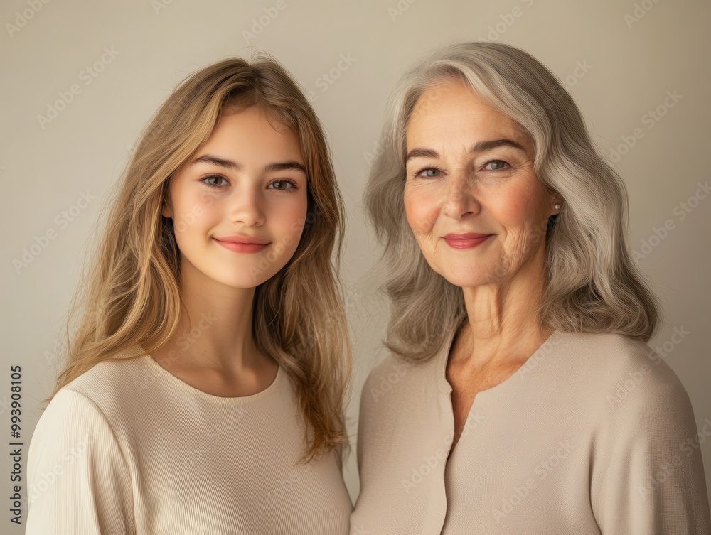 Portrait of two beautiful women, one younger and one older, standing side by side, smiling, with a soft neutral background Portrait of two beautiful women, one younger and one older, standing side by side, smiling, with a soft neutral background