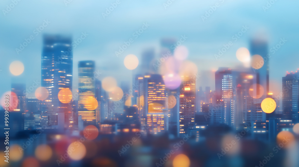 A dreamy defocused effect Dimly lit skyline of a bustling city its towering skiers blending together A dreamy defocused effect Dimly lit skyline of a bustling city its towering skiers blending together