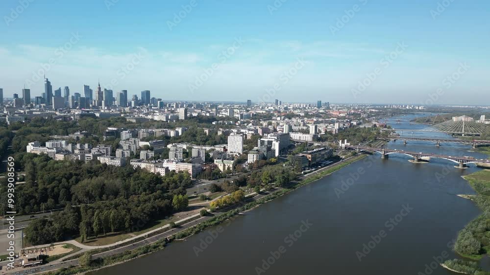 Arial of downtown Warsaw with Vistula river Poland