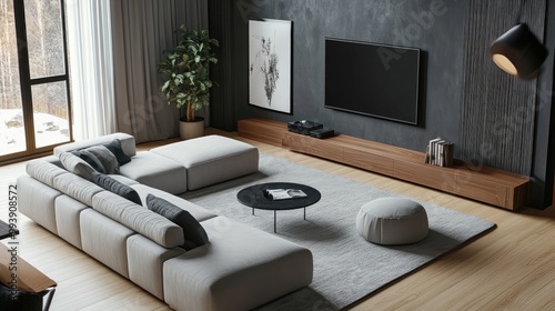 Modular corner sofa against tv Minimalist interior design of modern living room