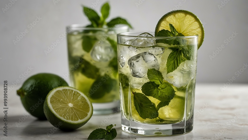 Refreshing mojito cocktail on a white background.