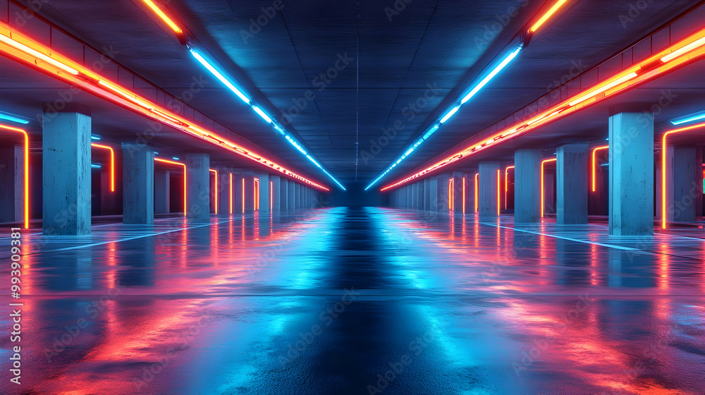 3D Neon Lights In A Concrete Tunnel 3D Neon Lights In A Concrete Tunnel