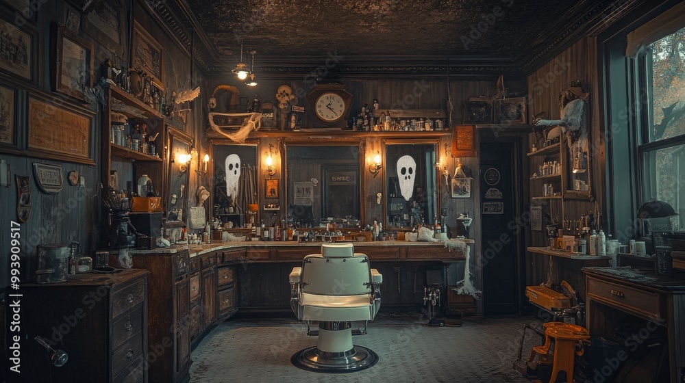 Fototapeta premium A spooky Halloween barbershop in an old American town with vintage decor