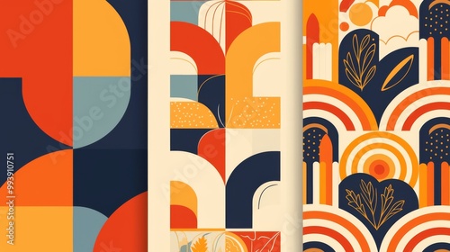 Set of Three Colorful Geometric Vector Pattern Designs