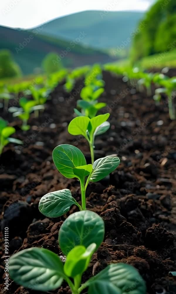 A bunch of young plants are growing in the dirt, with each one being about the size of a finger. They are all lined up in a row, with some of them being taller than others. The dirt is dark and muddy A bunch of young plants are growing in the dirt, with each one being about the size of a finger. They are all lined up in a row, with some of them being taller than others. The dirt is dark and muddy