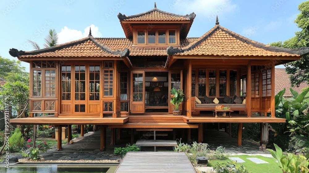 Elegant wooden house with traditional architecture and lush surroundings. Elegant wooden house with traditional architecture and lush surroundings.