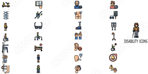 Disability simple concept 28 colour icons set. Contains such wheelchair, accessibility, blind, broken leg, disabled, assistance.Vector illustration.