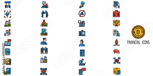 Financial simple concept 32 colour icons set. Contains such  loan, cash, saving, financial goal, profit, budget, mutual fund, earning money and revenue.Vector illustration.