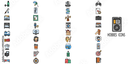 Hobbies simple concept 36 colour icons set. Contains such reading, gaming, gardening, photography, cooking, sewing, fishing .Vector illustration.