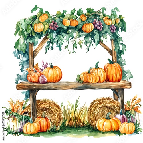 Watercolor Illustration of a Rustic Pumpkin Stand with Hay Bales and Vines.