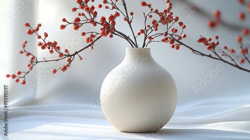 A minimalist vase with red berries, enhancing a serene atmosphere.