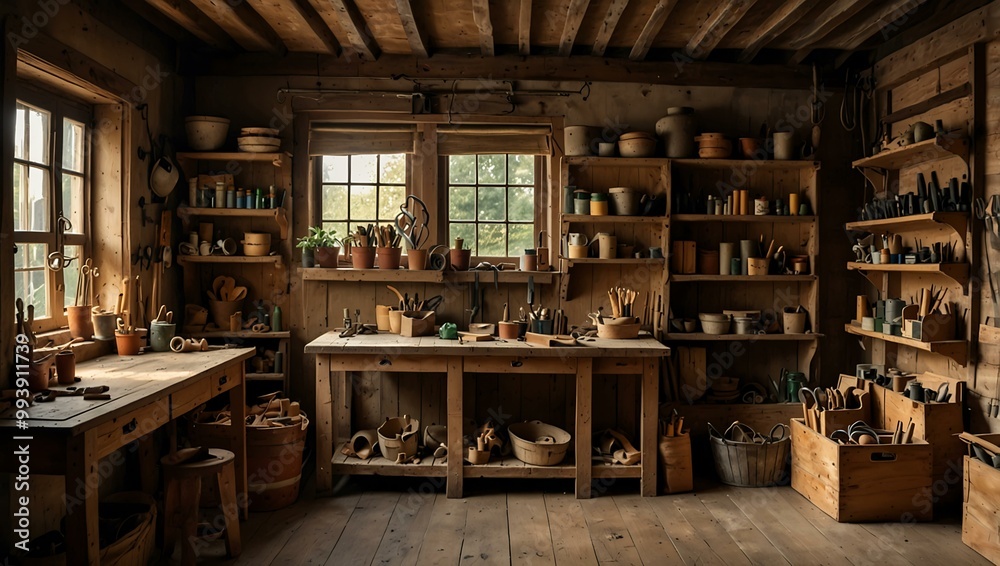 Rustic workshop filled with tools and wooden crates.1 Rustic workshop filled with tools and wooden crates.1