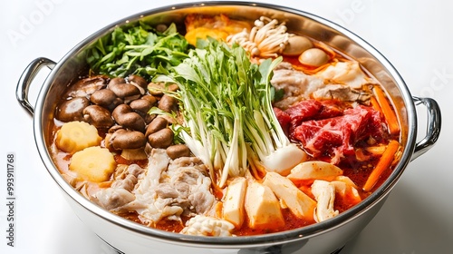 Spicy hot pot with meat, vegetables, and mushrooms in a silver pot