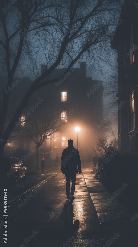 Fototapeta premium American Halloween ghost tour a guide leading a group through foggy