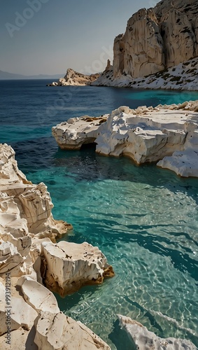 Sarakiniko, a white marble beach on a Greek island.