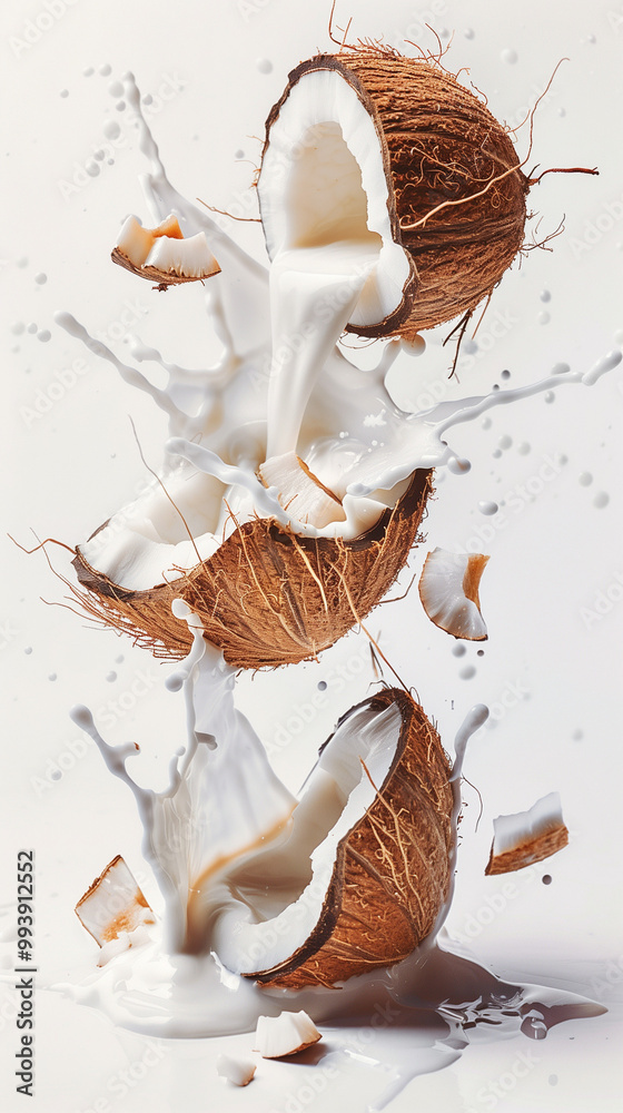 Levitating coconut halves in a splash of levitating milk Levitating coconut halves in a splash of levitating milk