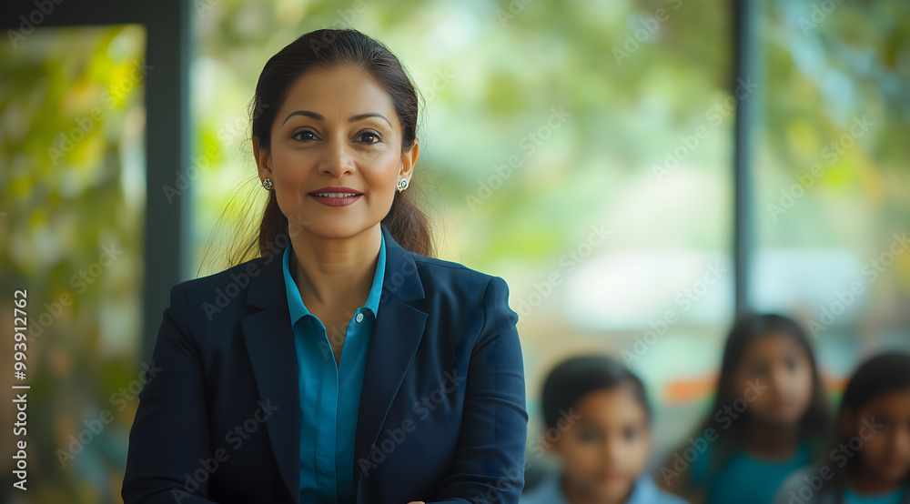an indian teacher teaching students in front, and another female Indian professor giving a lecture to a group of people at the back, both wearing black blazers with blue shirts an indian teacher teaching students in front, and another female Indian professor giving a lecture to a group of people at the back, both wearing black blazers with blue shirts