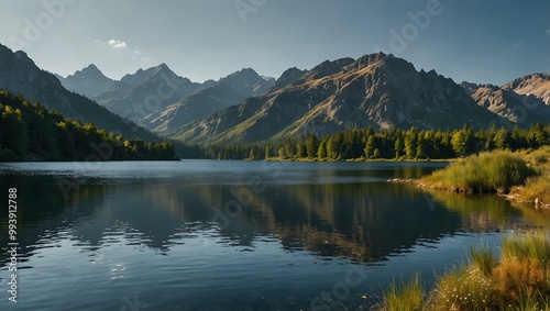 Scenic lake surrounded by mountains.