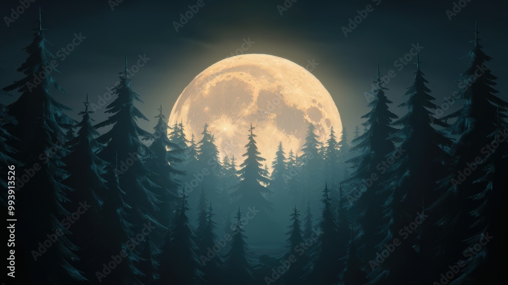 Forest Treeline at Moonrise: Dark outlines of pine trees against a night sky, with a large full moon rising and casting a soft glow. Forest Treeline at Moonrise: Dark outlines of pine trees against a night sky, with a large full moon rising and casting a soft glow.
