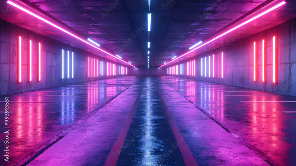 Neon Lights in a Concrete Tunnel 3D Illustration Neon Lights in a Concrete Tunnel 3D Illustration