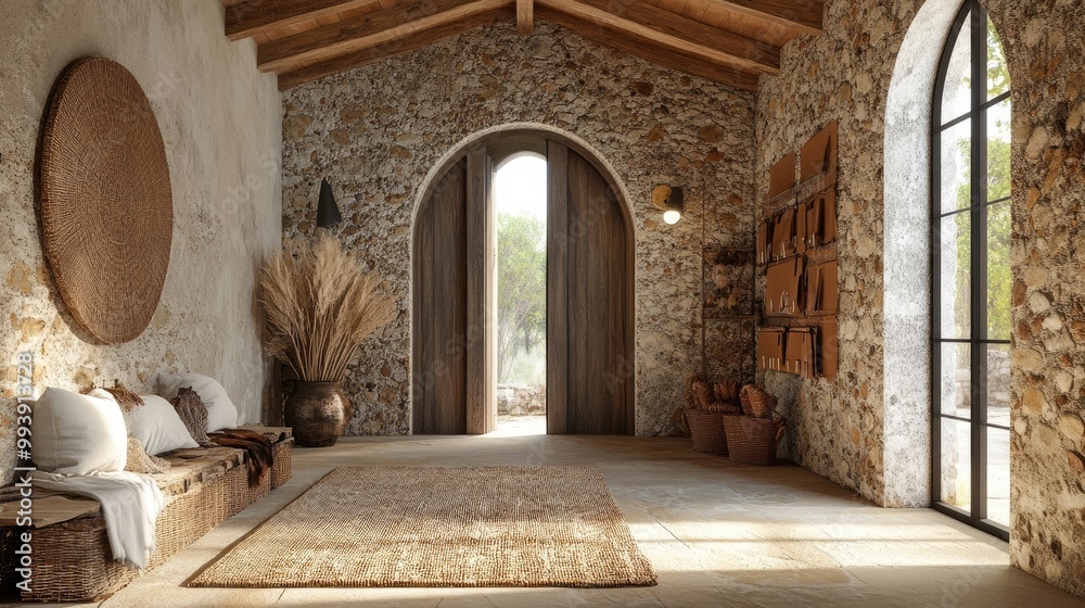 Fototapeta premium Rustic boho interior design of modern entrance hall with arched doorway Stone cladding wall and timber beam ceiling in country house hallway