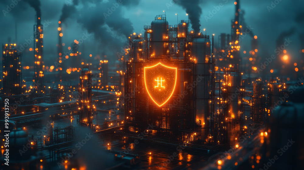 Fototapeta premium Industrial facility with a shield symbolizing protection, representing energy security and critical infrastructure protection for national safety.