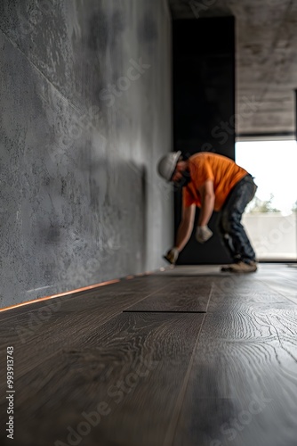 Wallpaper Mural Home renovation scene with dark wood flooring in progress, worker carefully positioning planks, stylish and modern design Torontodigital.ca