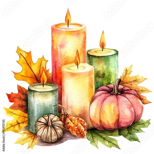 Watercolor Illustration of Autumn Candles, Pumpkins, and Fall Leaves.