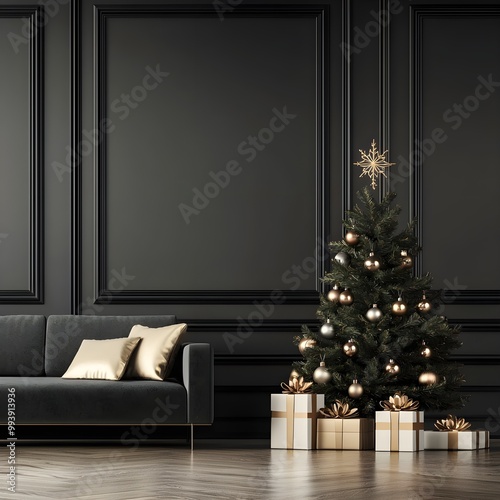 Luxurious living room with decorated Christmas tree, dark walls, gold and white presents, modern and festive holiday setting